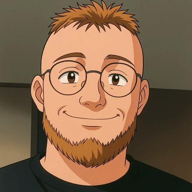 Getekend portret van Mitch Robbe: kort rossig haar, ronde bril, baard en een glimlach.